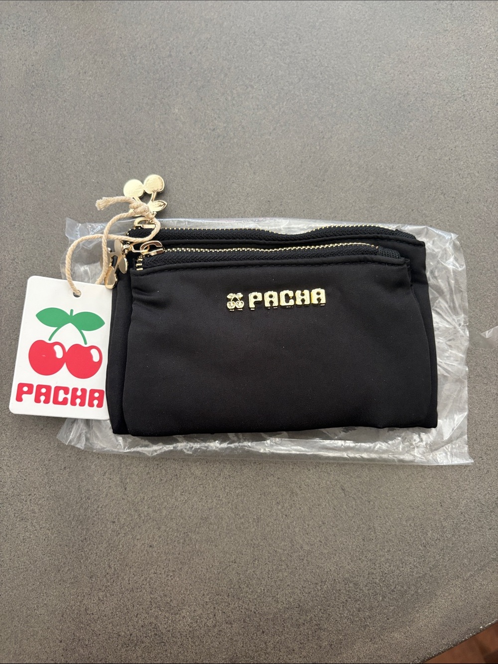NWT PACHA IBIZA Black Zip Pouch Wallet with Gold Logo